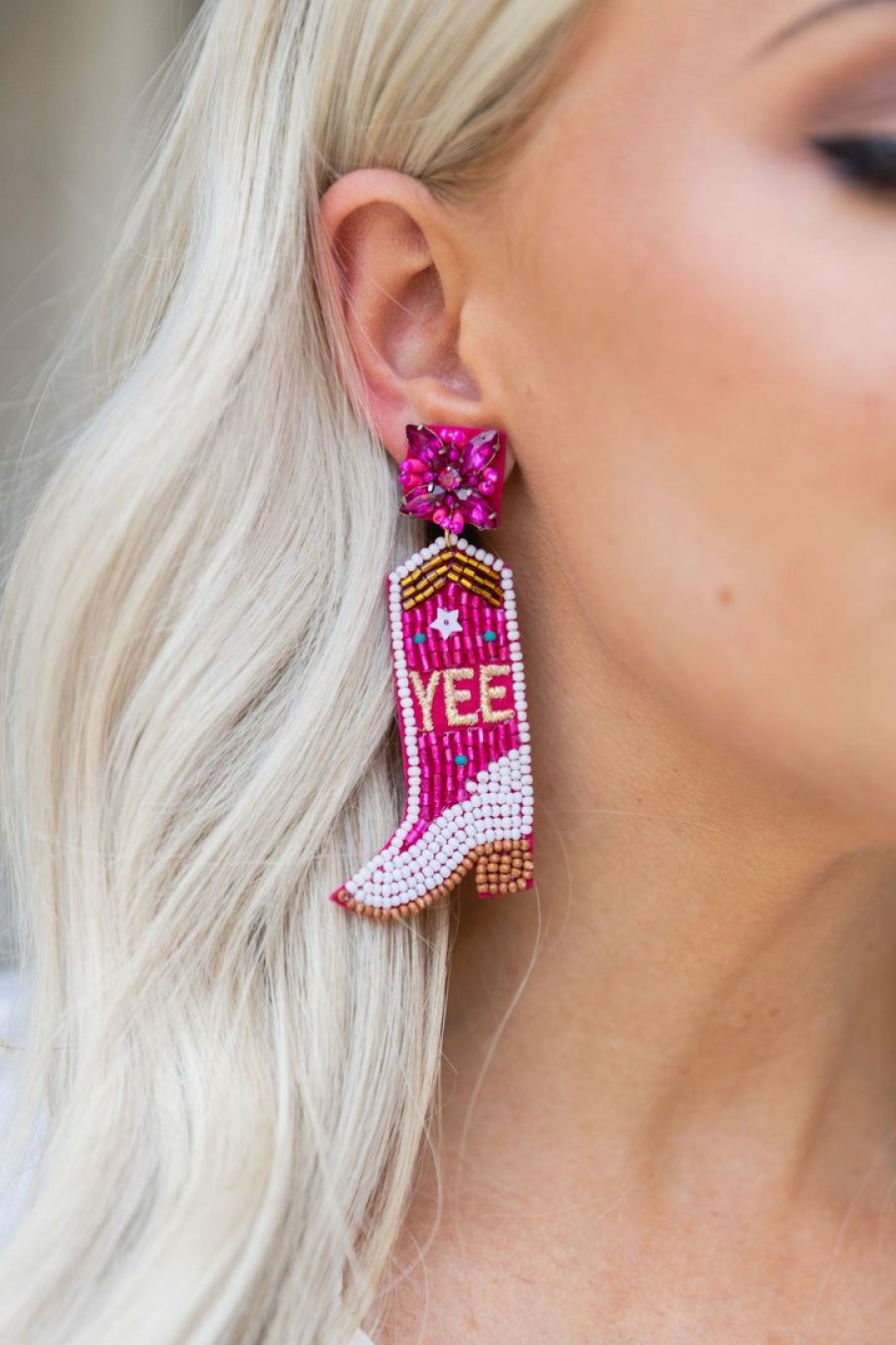 Jewelry * | Quick Delivery Us Jewelry House Yee-Haw Cowboy Boots Beaded Earrings- Pink Accessories