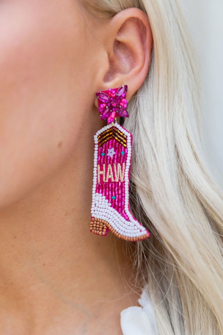 Jewelry * | Quick Delivery Us Jewelry House Yee-Haw Cowboy Boots Beaded Earrings- Pink Accessories