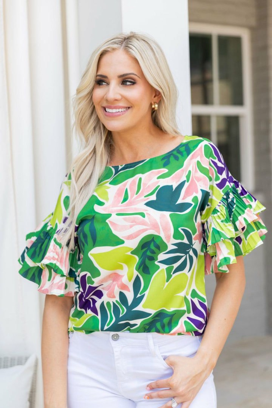 Trending * | Quick Delivery Pastel Design Flora Top- Green