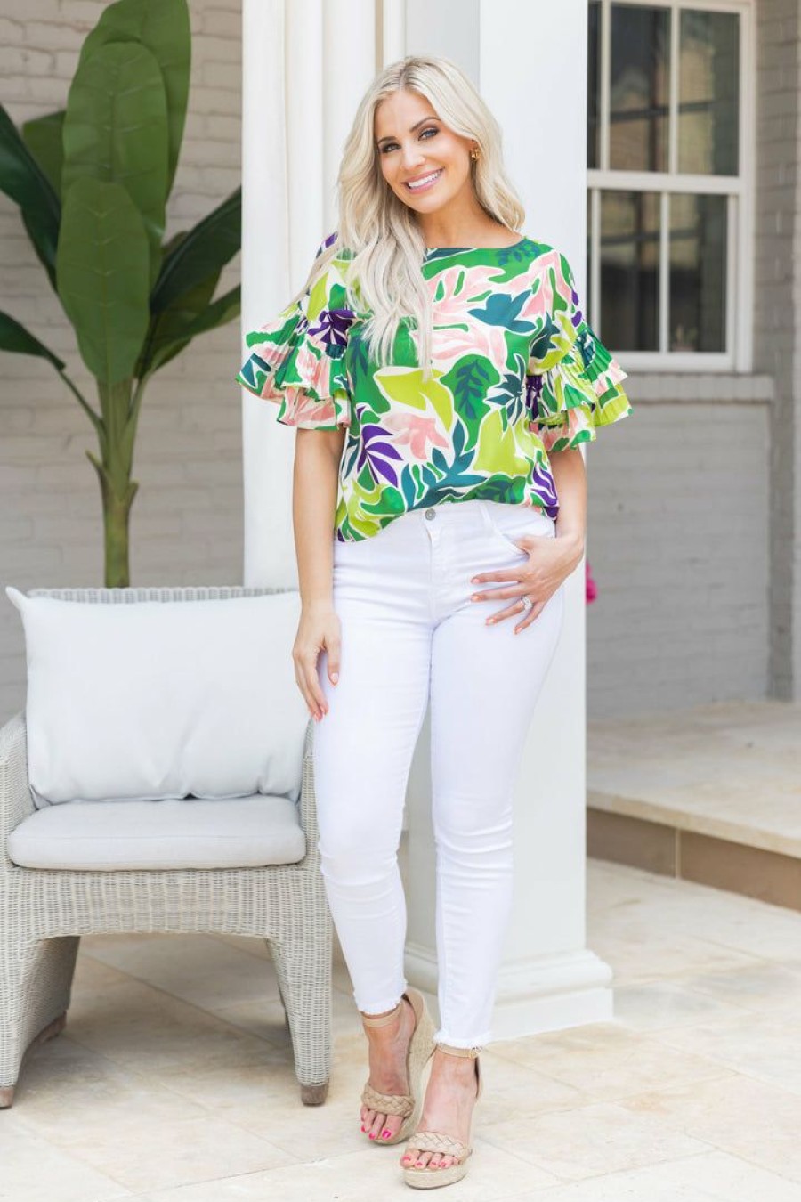 Trending * | Quick Delivery Pastel Design Flora Top- Green